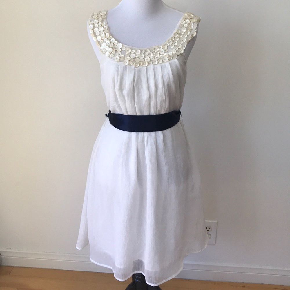 Y2K Alloy Button Detail Collar Gauzy White Dress - Size Medium